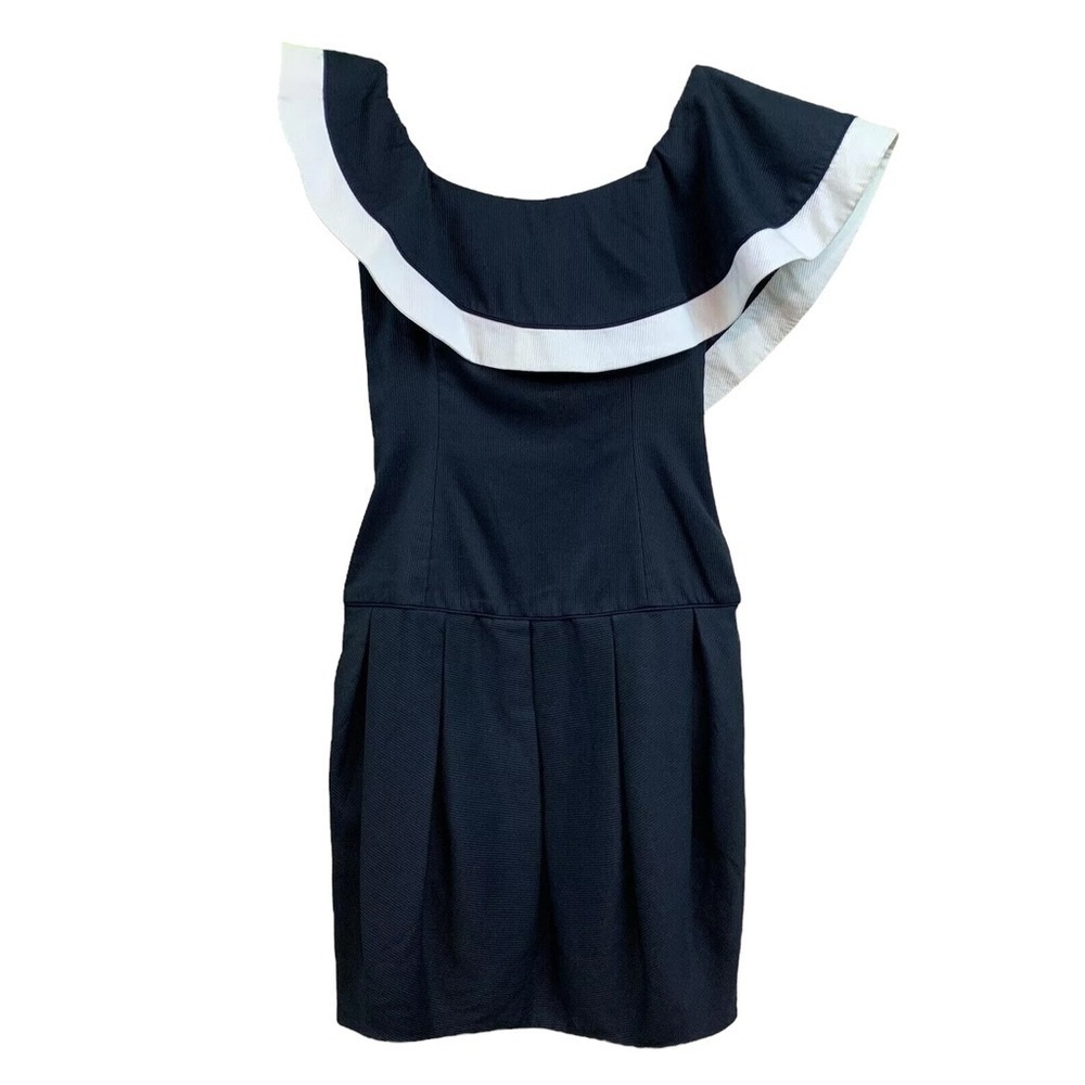 Vtg Barboglio Cristina Jan Asymmetrical Ruffle Pleated Dress Black White Size 6
